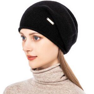 QUEENFUR Knit Slouchy Beanie Cashmere Wool Hat in Black